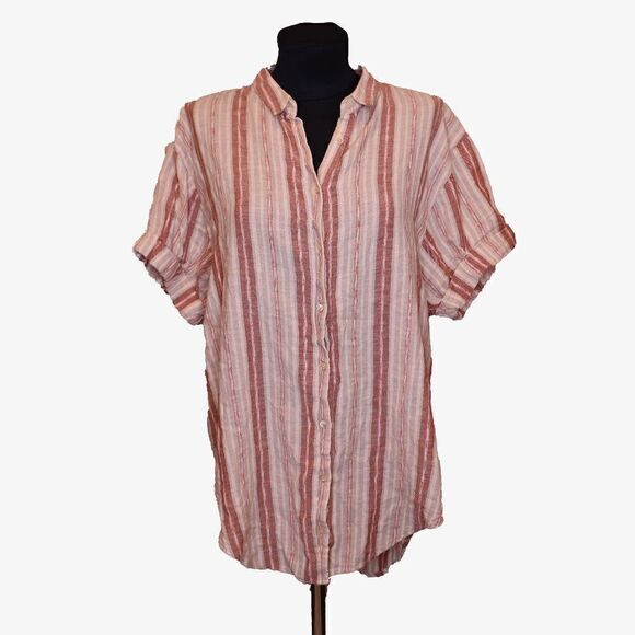 Aritzia Community Linen Striped Button Up Top Sz M - Picture 1 of 5